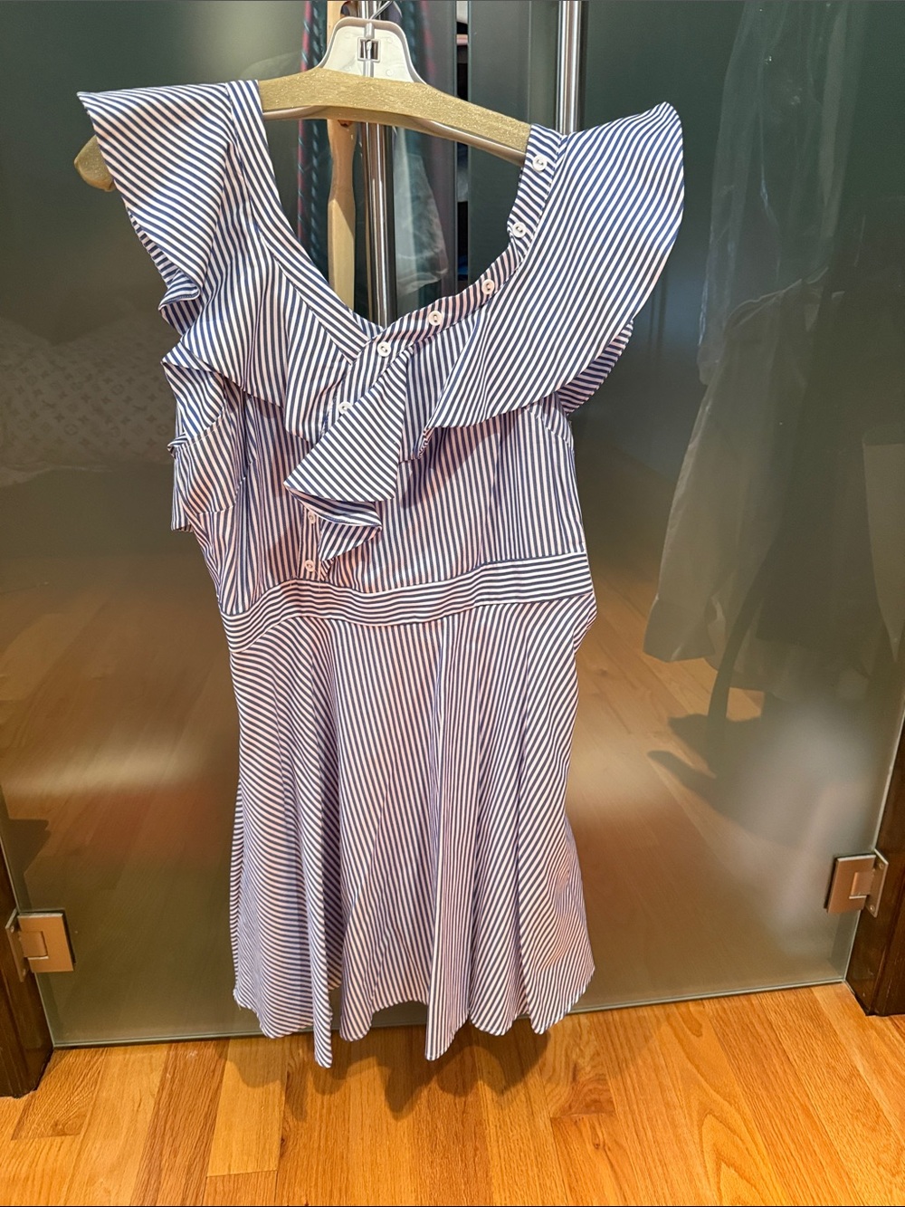 Designed by La Pateau Striped Blue and White Ruffle Neck Dress